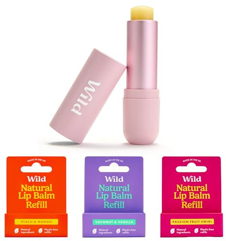 Wild Natural Refillable Lip Balm Starter Kit - Includes Rose Pink Aluminium Case & 3 Pack Lip Balm Refills in a Variety of Scents - Peach & Mango, Coconut & Vanilla and Passionfruit Swirl Scents