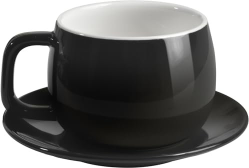 ionEgg Tazza da caffè in porcellana con piattino, 270 ml, design minimalista, perfetta per latte, cappuccino e tè, nero