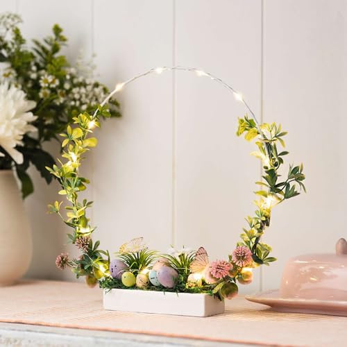 LED-Ring Osterwiese, Metall, Kunststoffeier, -blüten, -blätter, Holz, 20 warmweiße LEDs, batteriebetrieben, An-/Aus-Schalter Maße Ø 30 cm, GH 32 cm, ohne Batterien, nur für den Innenbereich geeignet