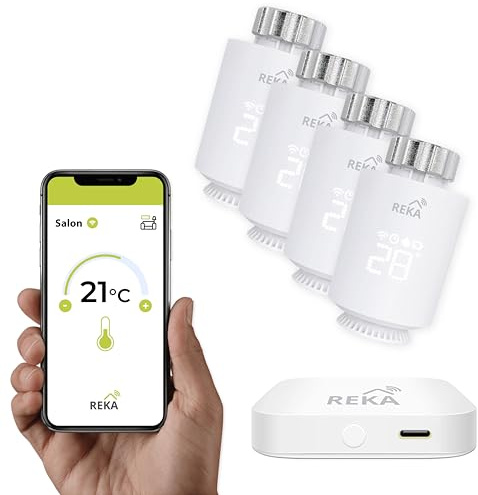 Tête Thermostatique Intelligente Connectée REKA - Contrôle Température Via Appli Tuya, Programmation, Détection Fenêtres Ouvertes - Compatible Assistants Vocaux (4, avec Passerelle)