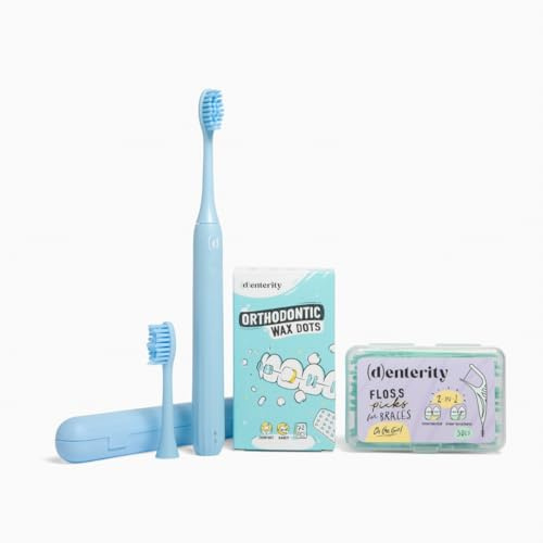 Denterity Braces Care Kit for Kids & Teens – Orthodontic Essentials Bundle with Sonic Toothbrush, Floss Picks & Wax – Travel Cleaning Kit