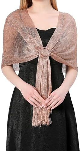 DyLyz Glitzernde Boleros für Damen in Roségold elegante Tücher mit Schnalle leichter transparenter Schal mit Quasten Vintage Mesh Bolero Überwurf Umhang für Abendkleider Partys