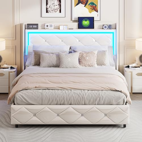 LKPOMI Polsterbett 160x200 mit Bettkasten, Doppelbett LED Bett mit Stauraum Kopfteil und Lattenrost, Stauraumbett Jugendbett Bettgestell, PU, Weiß, Ohne Matratze (160 x 200 cm)
