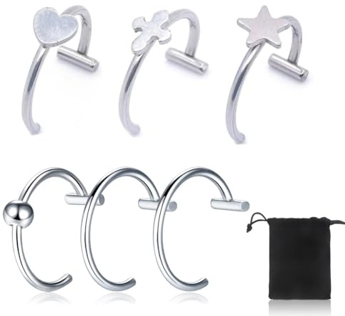 JEYORZY 6 Pièces Faux Piercing Faux Piercing, Levre Faux Septum Piercing, Nez Faux Anneau Nez Piercing Nez Anneaux Ensemble, Boucle D'oreille/Anneau de Nez