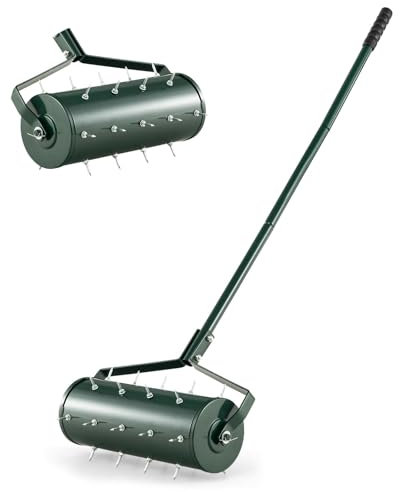 Arieggiatore per prato, 45 cm/53 cm, attrezzo per la cura del prato con rullo spanditore per impieghi gravosi con manico in metallo da 130 cm, rullo per giardinaggio arieggiatore manuale per erba d