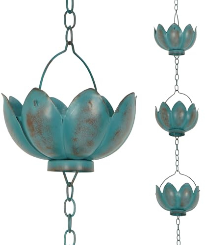 Voltogar Metall-Regenkette, Dekoration, 2,5 m, Regenfänger, Metallkette, Regenrinne, Fallrohr, 274 cm, für Haus, Traufen, Garten und Haus, Blumenbecher, Gartendekoration, Seeblau