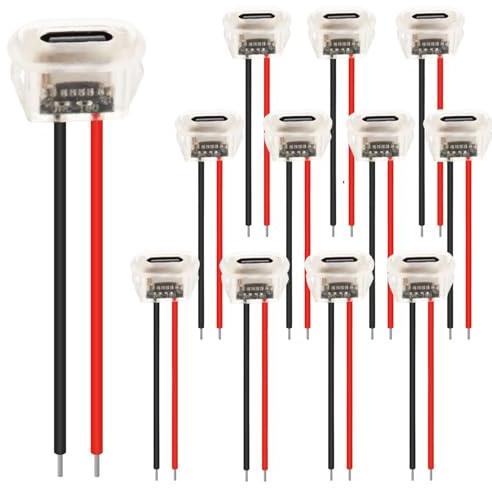 RUNCCI-YUN 12 Pièces connecteur USB C a souder prise femelle,USB C 2 Fils femelle connecteur panneau avec Boucle à Rainure à Pression,100mm 24 AWG, Transparent avec fonction PD