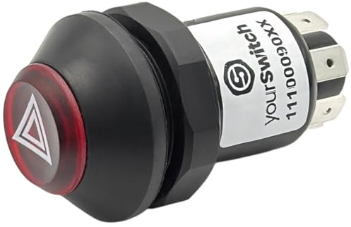 yourSwitch 11100090XX Druckschalter mit Arretierung: Warnblinker 12V | kompatibel mit Deutz-Fahr 01177148 | D 06 D 07 DX3 DX4 DX6 DX7 | AgroCompact AgroPrima AgroXtra | Massey Ferguson 3370427M91