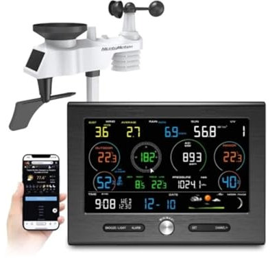 TIEOAXFT Station météo numérique WiFi PM2.5 PM10 CO2 Pluviométrie Moniteur d'air Prévisions météo et Nuages ​​Détecter la Vitesse du Vent Anémomètre