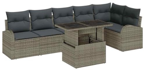 vidaXL 7-teiliges Garten-Sofaset mit Kissen in Grau aus Poly-Rattan – Modulares Terrassenmöbel für draußen, perfekte Lounge-Sitzgruppe für eine Moderne Anordnung mit Stühlen und Couch.