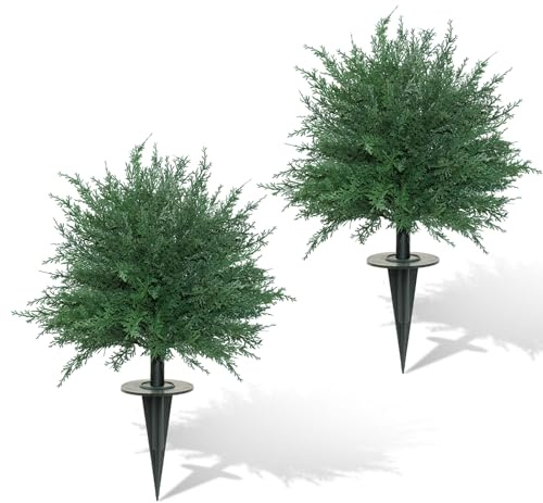 GOVIRAYE Bolas Topiarias Artificiales de Cedro de 24 Pulgadas, Paquete de 2, Resistentes UV, Arbustos Falsos con Pinchos para Tierra, Decoración Exterior para Puerta