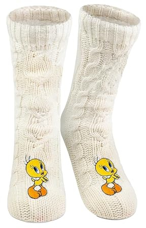 United Labels Looney Tunes Tweety Chaussettes douillettes pour femmes, Blanc, chaussettes d’arrêt douillettes, chaussettes chaudes, chaussettes de chalet, Blanc., 35-38