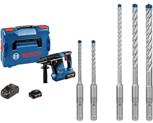 Bosch Professional 18V System Akku Bohrhammer GBH 18V-24 C (mit SDS plus, inkl. 2x 5.0Ah Akku, Ladegerät GAL 1880 CV, L-BOXX) + 5x Expert SDS plus-7X Hammerbohrer Set (für Stahlbeton, Ø 5-10 mm)