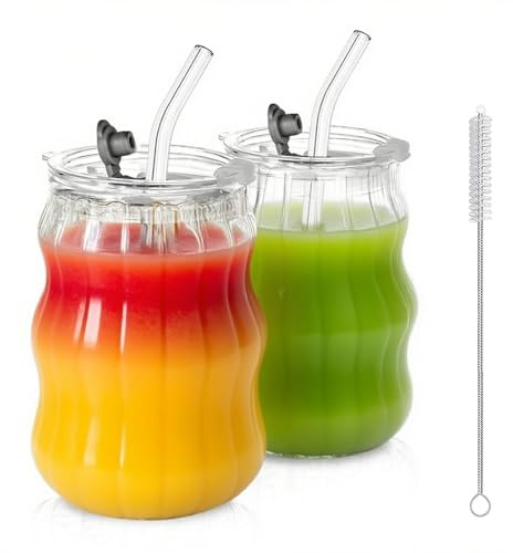 ZhouZGlass 2 Pcs Ribbed Glass Cups with Lids and Straws, 530ML/18OZ Ribbed Glass Cups, Vintage Drinkware Wavy Design Iced Coffee Cup for Milk Juice Cocktails