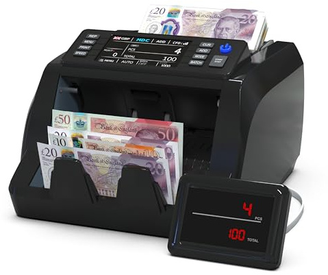 Detectalia V20 Banknotenzähler mit UV/MG/IR/MT/CIS Erkennung, 4,5” Touchscreen + Externes Display, Seriennummern-Lesung, Multiwährungs-Mischzählung (EUR/GBP/CHF/USD/SEK/PLN/TRY/DKK), 1200 Scheine/Min