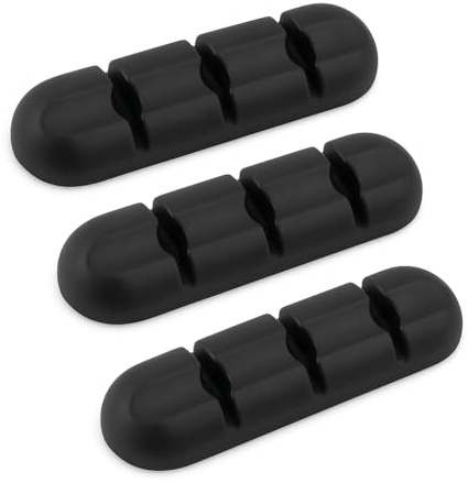Cable Organiser Self-Adhesive [Pack of 3] - Silicone Cable Holder for 3 Cables with 3M Adhesive - Holder for Computer, Desk, Bedside Table & Car - Non-Slip and Reusable (Black)