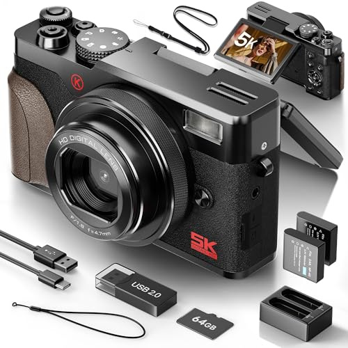 NBD 5K Digital Camera 64MP with Autofocus & 180° Flip Screen, Compact Vlogging Camera with 18X Zoom, 2 Batteries, 64GB Card, YouTube Camera for Beginners (Black)