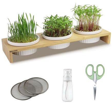 Mervino Kresse Anzuchtschalen Set mit 3 Hochwertigen Keramik-Anzuchtschalen, 3 Edelstahlsieben & Bambusständer – Praktisches Sprossen Anzuchtset für Microgreens, Kressesamen und Keimlinge, (3 weiß)