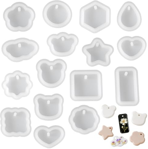 Simsky Silikonform Gießformen Schmuck Set, 16 Stück Verschiedene Epoxidharz Formen mit 20 Kugelketten, Bastelprojekte für Schlüsselanhänger, Anhänger, Schmuck, DIY Dekoration
