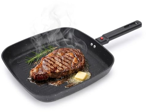 Poêle à frire carrée, 11 poêles à griller en aluminium antiadhésives avec poignée amovible pour dessus de cuisinière Plaque de cuisson carrée facile nettoyer pour tortillas, crêpes, steak et sautés
