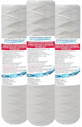 CARTUCCIA FILTRO FILO AVVOLTO 10 POLLICI MICRON 50 POLIPROPILENE SEDIMENTI SET 3 PEZZI