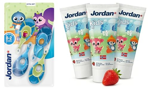 Jordan Baby Zahnpflege Set 0–2 Jahre – Kinderzahnpasta 3x50 ml (0–5) + Babyzahnbürste Extra Weich | 1000 ppm Fluorid | Ohne SLS | Für erste Milchzähne & empfindliches Zahnfleisch