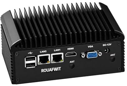 ROUAFWIT Fanless Mini PC 8250U, 2x Realtek RJ45 Lan, 2x DB9 RS232/485 COM, DDR4 32G RAM 1TB SSD, 6USB, HD+VGA Dual Dispaly, MIC, Industrial Grade Mini PC for 24/7 Reliable Operation