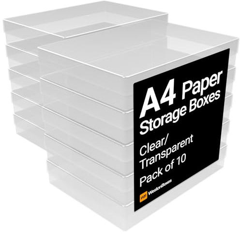 WestonBoxes A4 Transparent Plastic Craft Storage Boxes with Lids for Art Supplies, Paper and Card - 3.6 Litre Volume (Pack of 10) | Holds 500 sheets 80gsm A4 | 304x216x55mm internal | Drop-on lid | Stackable 5 high | Acid-free PP5 | Made in Britain