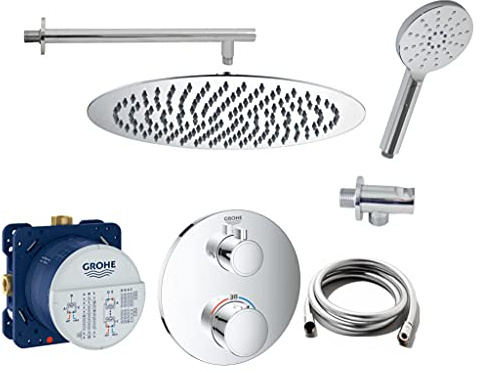 vanvilla Duschsystem Unterputz mit Duscharmatur Grohe poliert G10 | Duscharmatur von Grohe Grohtherm Thermostat Armatur und vanvilla Regendusche Duschkopf rund, Dusch-SET poliert