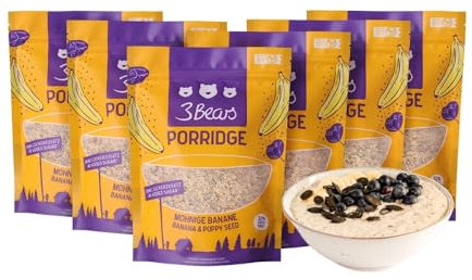 3Bears Porridge - Mohnige Banane I 6x400g veganes Porridge mit Vollkorn-Haferflocken I Mit rein natürlicher Süße und ohne Zusatzstoffe I auch als Oatmeal, Frühstücksbrei oder Overnight Oats