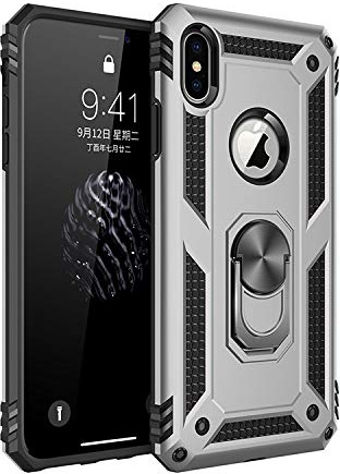 BestST Coque pour iphone X/XS, Silicone Souple et PC Dur Coque avec Support Béquille Métal Multi-Angles Etui, Protection Double Couche Multi-Fonctionnel Housse pour Apple iphone X/XS - Argent