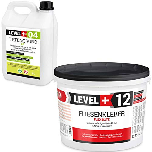 Set 15Kg Weiß Fertig Fliesenkleber Flexkleber + 5L Tiefengrund LF | LEVEL+ SET207