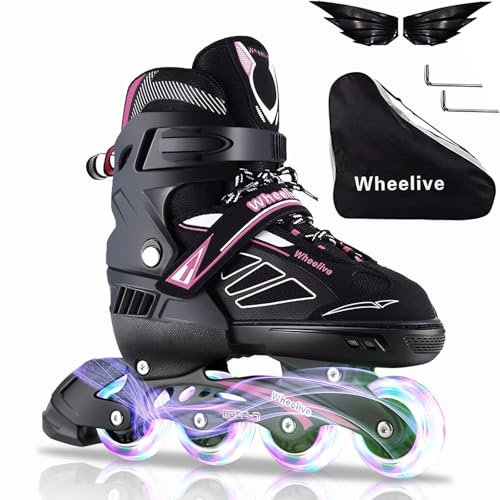 Wheelive Inline Skates für Kinder, Verstellbar Inliner für Jugendliche & Erwachsene in Versch, Rollschuhe Damen Atmungsaktive Freizeit Rollerblades Leucht Inline-Skates,Schwarz Rosa,M