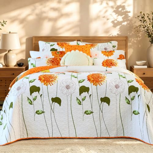 Juego de colcha reversible con costuras tamaño Queen, color naranja, dalia, funda de cama de algodón suave, colcha ligera de doble patrón, juego de ropa de cama acolchada blanca para todas las