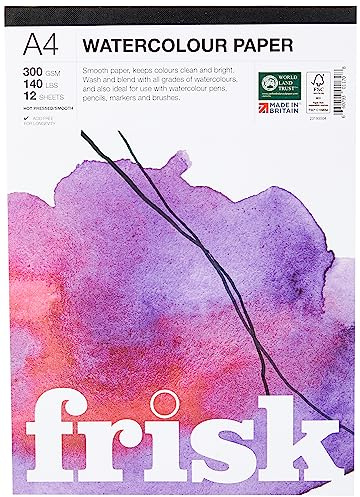 Frisk Bloc de papel para acuarela de 300 g/m², prensado en caliente/liso, 12 hojas A4, color blanco