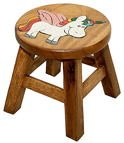 IMAGO Kinderhocker Holz Schemel Kinderstuhl Massivholz bemalt und geschnitzt Höhe 25 cm (Einhorn, Brown)
