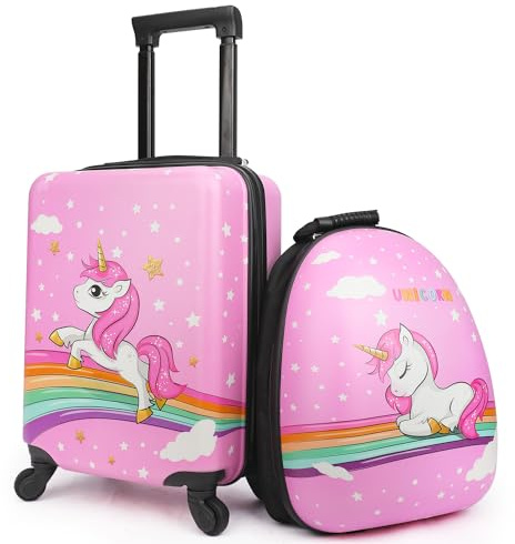 emissary Kids Suitcase for girls, 16 Hardside Unicorn Kids Luggage Set with Spinner Wheels and Backpack, Children Carry on Girls Suitcase Toddler Travel Rolling Luggage Gifts Airline Approved