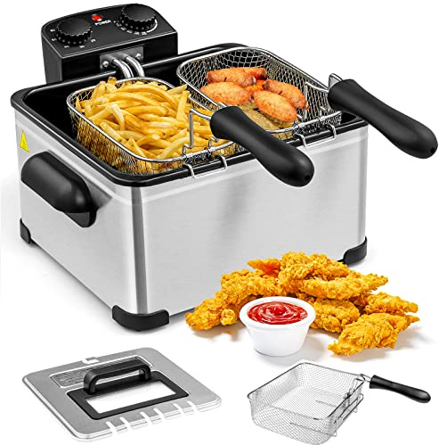 Giantex 1700W Electric Deep Fryer with 3 Baskets, 5.3QT/21-Cup Frier Cookers Home Fryer, Large Oil Container, Lid with View Window, Adjustable Temperature and Timer, Family Kitchen Restaurant Use
