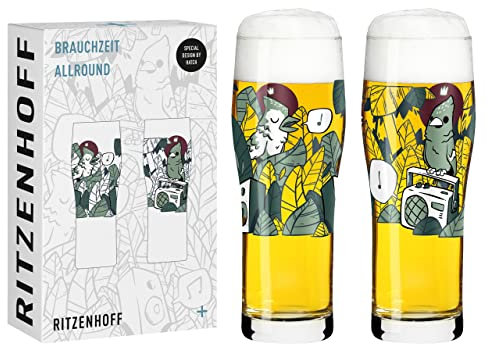 RITZENHOFF 3781003 Trinkglas universal 600 ml - Serie Brauchzeit Nr. 3, 2 Stk. mit abgestimmtem Motiv - Made in Germany