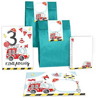 Junapack 12 Einladungskarten zum 3. Kindergeburtstag dritte Geburtstag Jungen Feuerwehr Feuerwehrauto incl. 12 Umschläge, 12 Tüten/petrol, 12 Aufkleber, 12 Blöcke