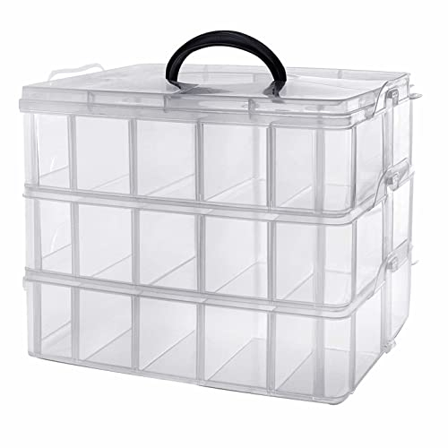 SUL 3 Tier Transparent Stackable Storage Box with 30 Compartments, Craft, Toys Storage Box with Carry Handle, Organising Arts & Crafts, Tools (Clear)