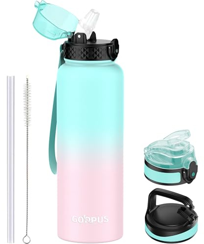 GOPPUS 1.2L/40oz Borraccia Inossidabile con Cannuccia Borraccia per Acqua Termica Fredda Borracce in Acciaio Doppia Parete Borracce Isolate Tenuta Stagna Borraccia per Adulti Flip Top con 3 Coperchi