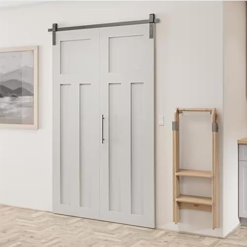 HOCONNIE Dubbelvikt skjutbar ladugårdsdörr, metallvara, kit, ladugårdsdörr, med skjutdörrsspår, sparar utrymme, för 2 dörrar, 91 cm