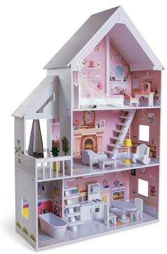 TikTakToo Puppenhaus Puppenstube Traum Villa Set aus Holz aus MDF-Holz, Höhe 126,5 cm, für Puppen bis 29 cm geeignet