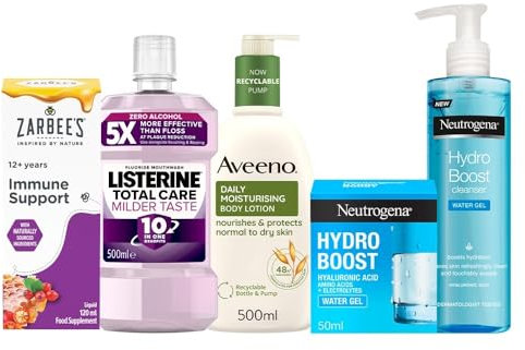 Morning Self Care Bundle – Including Zarbee’s Immune Support (120 ml), Listerine Mouthwash (500 ml),Aveeno Moisturising Lotion (500 ml), Neutrogena Hydro Boost Water Gel (50 ml) + Cleanser (200 ml)