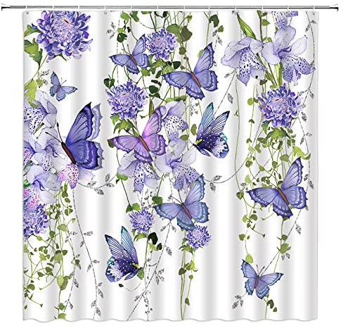 NYDSZNE Tenda da doccia a forma di farfalla, fiori viola, farfalle, foglie verdi, ramo acquerello, lilla, primavera, natura, decorazione da bagno, tenda da doccia in tessuto con ganci