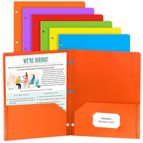 6 Pack Folders with Pockets, Plastic 3 Hole Punched Binder Folders with Business Card Holder, Colored Decorative File Folders for Documents, Filing Cabinet, School, Office, Business