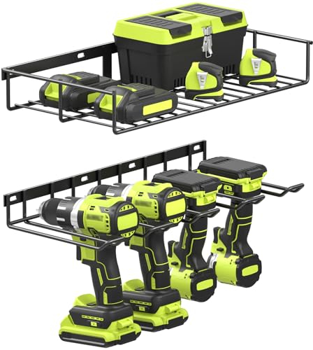 WELDUN Scaffale a 2 livelli per utensili elettrici, supporto a parete per 4 utensili, trapano elettrico, attrezzi senza fili, per garage, officina