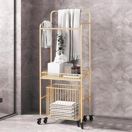 GIYDNEI Metall Badewanne Tablett Tisch Beistelltisch Mehrzweck Badezimmer Bodenregal, Freistehendes Badezimmerregal Kombination Handtuchhalter,Gold,A