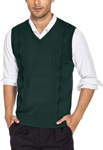 COOFANDY Sleeveless Jumpers for Men Sweater Knitted Tank Top Sweater Knitted Gilets Pullover Vest Winter Jumper Vest Dark Green XL